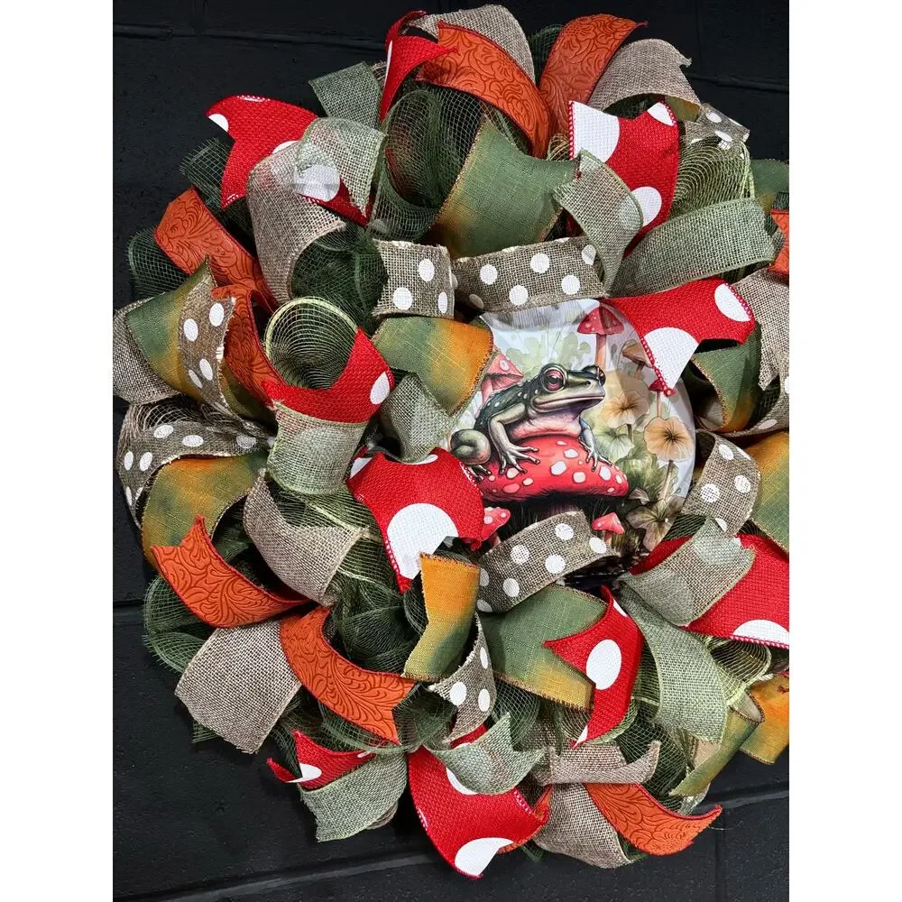 Mushroom Frog Wreath For Front Door Handmade 22 inch Deco Mesh